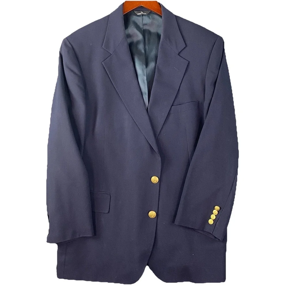 Ralph Lauren Mens Wool Blazer‎ 46R Navy Gold Buttons USA Vintage Preppy Chaps